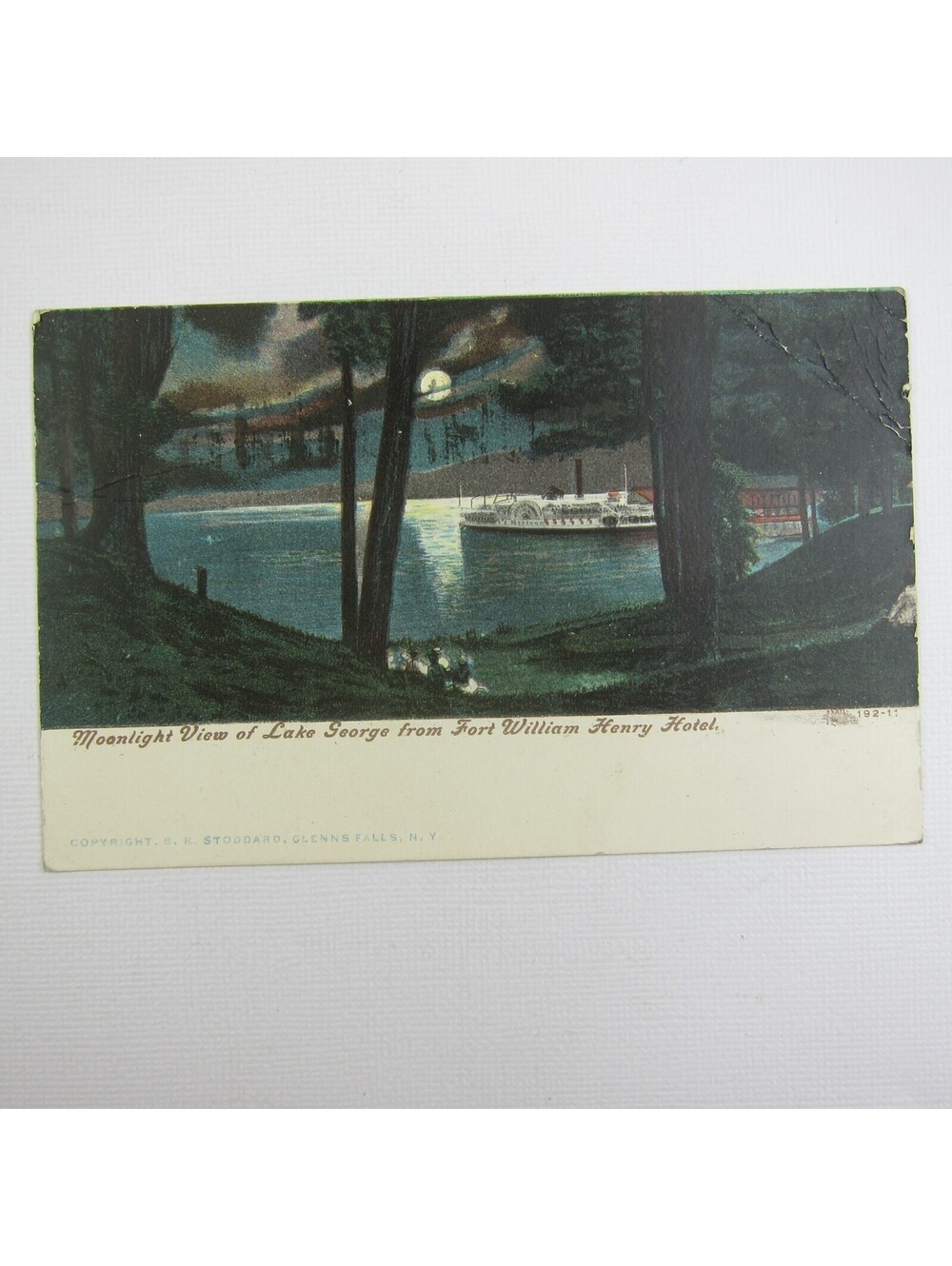 Postcard Boat Moonlight Lake George NY at Fort William Henry Hotel Antique 1907